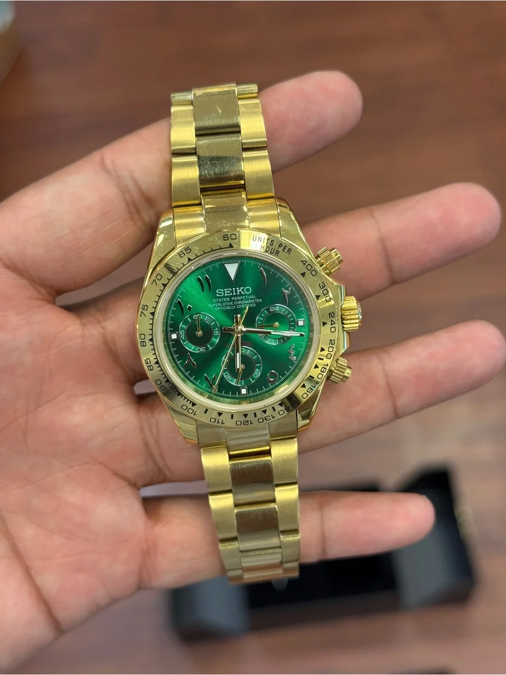 Seiko mod Gold Bracelet Chronograph with Green Dial Arabic Mens watch